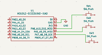 Three switch buttons connected to a XIAO microcontroller in a schematic.